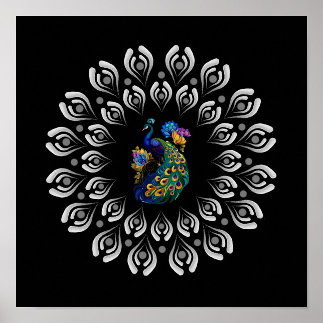 Farbiges Peacock Dotting Mandala Template Poster (Vorne)