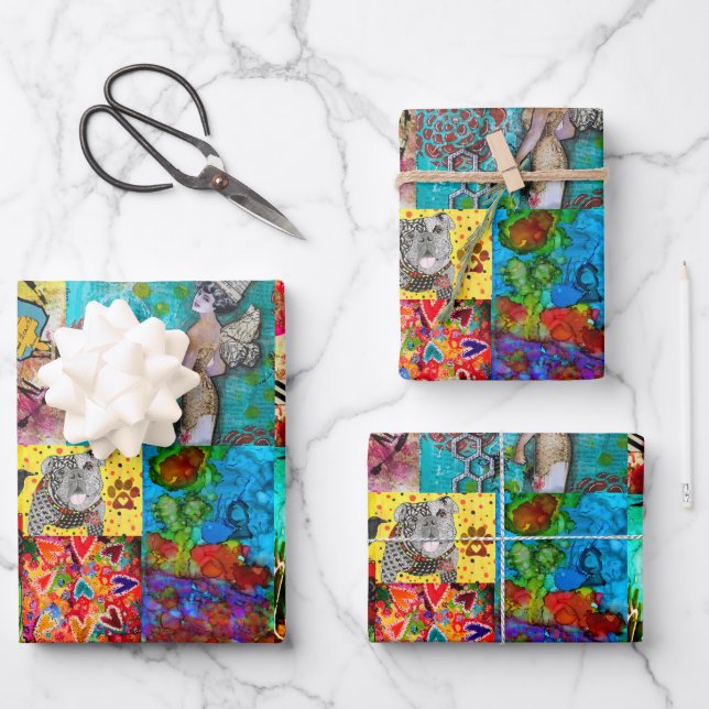 Farbiges Pop Art Mixed Media Wrapping Paper Geschenkpapier Set (Vorderseite)