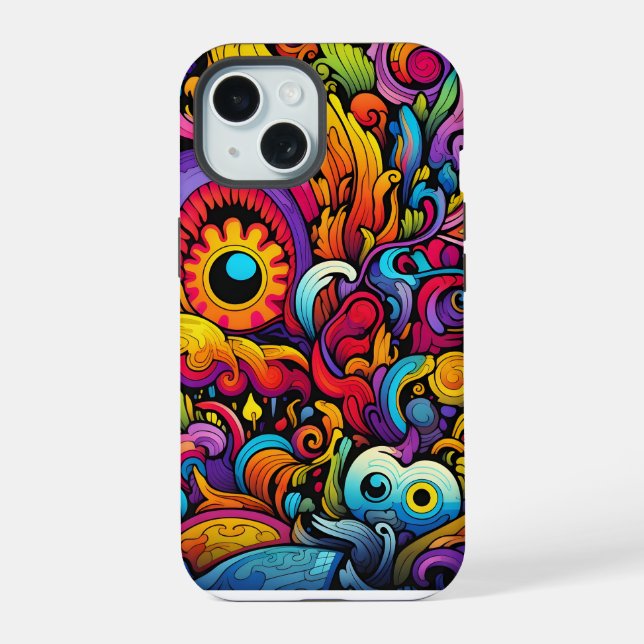 Farbiges psychedelisches Muster iPhone 15 Hülle (Rückseite)