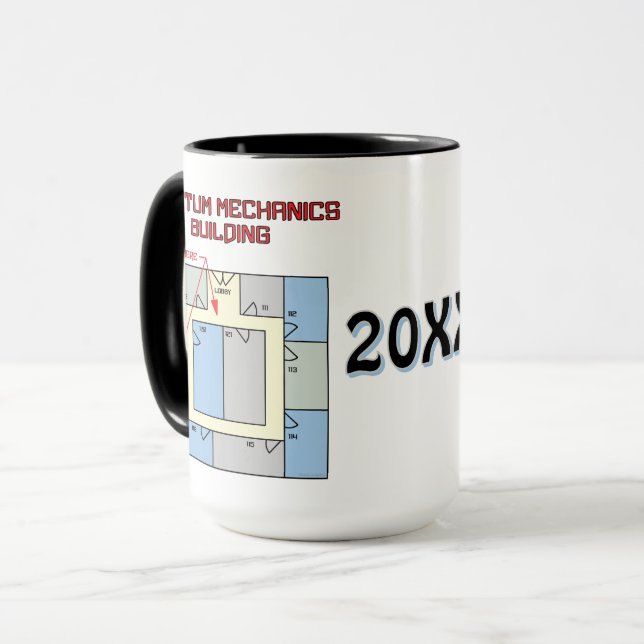 Farbiges Quantenmechanik-Gebäude Tasse (Vorderseite Links)