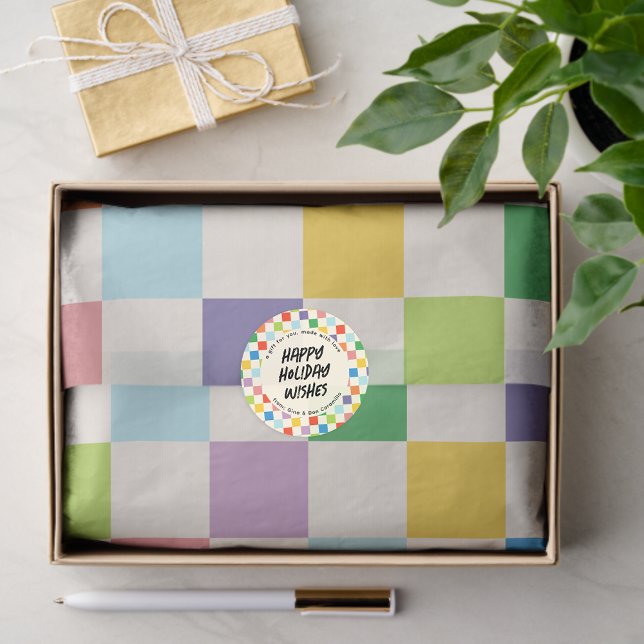 Farbiges Rainbow-Schachbrettmuster Seidenpapier (colorful checkerboard tissue paper with matching custom gift sticker)