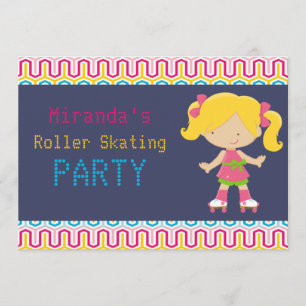 Farbiges Retro Blonde Roller Skaten Party Einladung