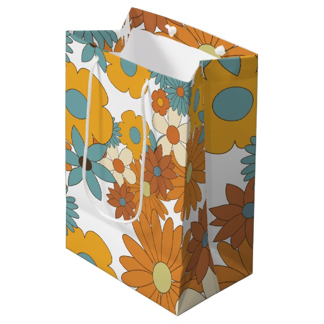 Farbiges Retro-Blume-Muster Mittlere Geschenktüte (Vorderseite Schrägansicht)