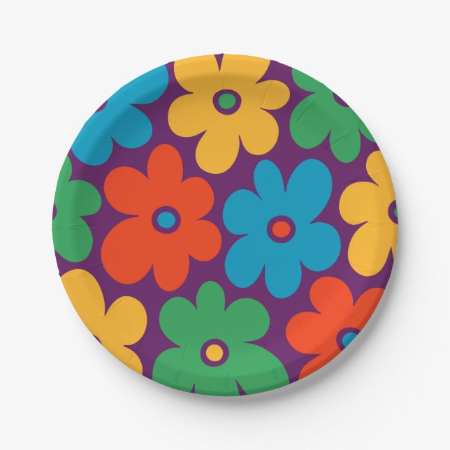 Farbiges Retro-Blume-Muster Pappteller (Vorderseite)
