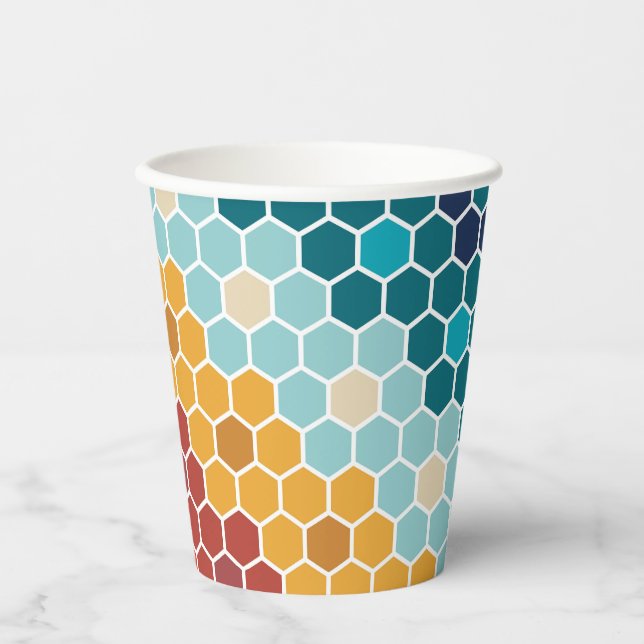 Farbiges Retro-Blumenmosaik Hexagon-Muster Pappbecher (Vorderseite)