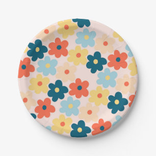Farbiges Retro-Hippie-Blume-Muster Pappteller