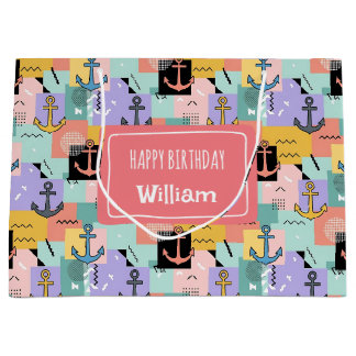 Farbiges Retro Nautic Anchor Muster Große Geschenktüte