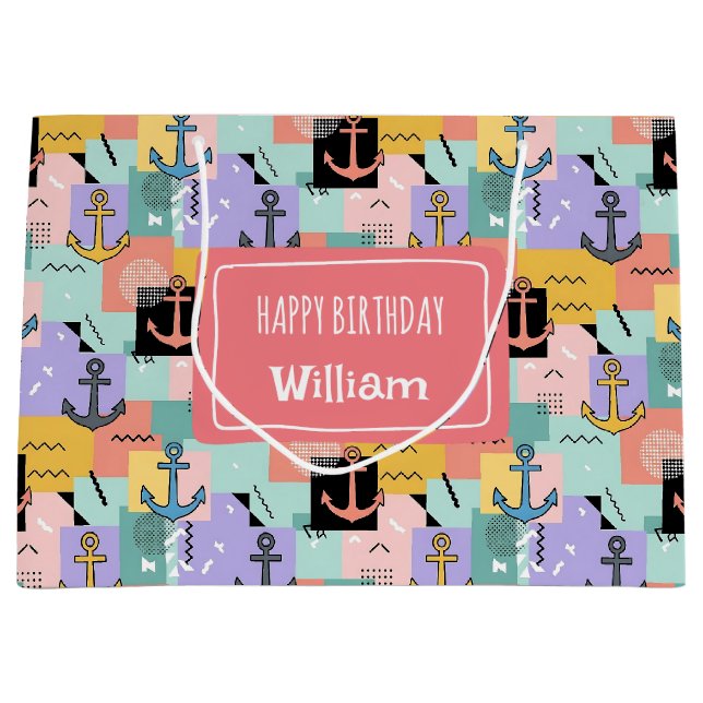 Farbiges Retro Nautic Anchor Muster Große Geschenktüte (Vorderseite)