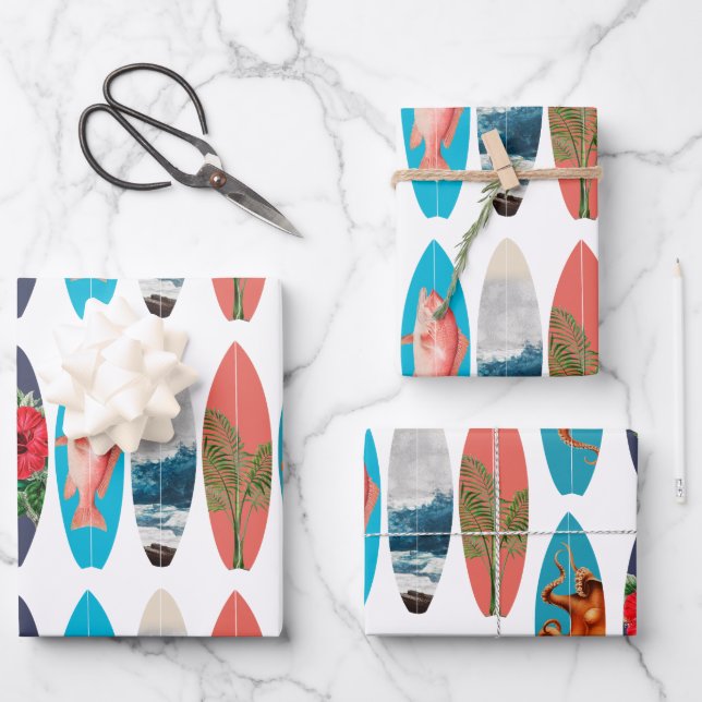 Farbiges Retro-Surfbrett-Muster Geschenkpapier Set (Vorderseite)