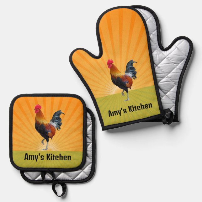 Farbiges Roosterdesign Ofenhandschuh & Topflappen-Set (Vorderseite/Rückseite)