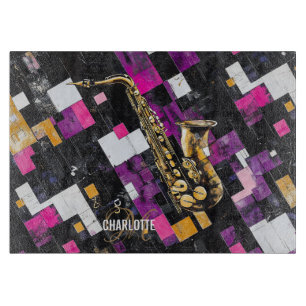 Farbiges Saxophon-Muster-Monogramm-Name Schneidebrett