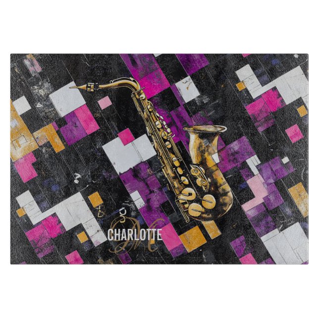 Farbiges Saxophon-Muster-Monogramm-Name Schneidebrett (Vorderseite)