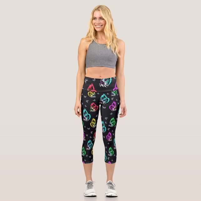 Farbiges Schwarzes Schmetterlingsmuster Capri Leggings (Vorderseite)