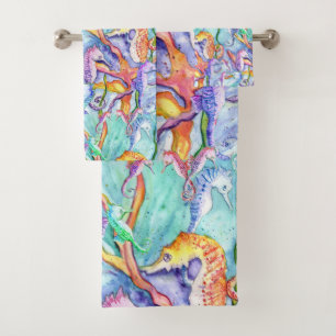 Farbiges Seepferd Ocean Watercolor Badetuch Set