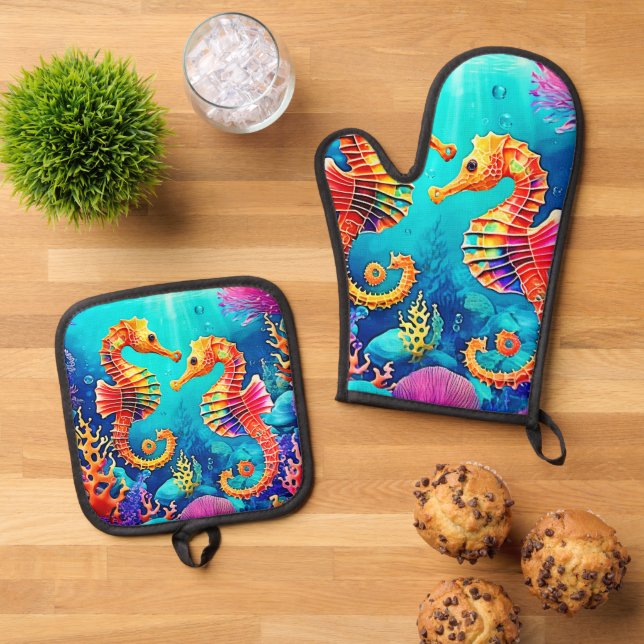Farbiges Seepferd Pair Design Ofenhandschuh & Topflappen-Set (Oben Unten)