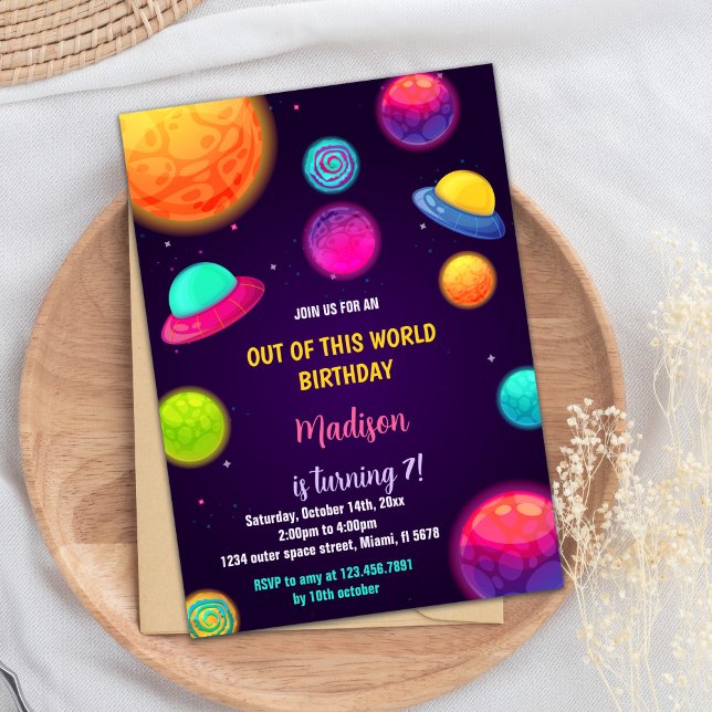 Farbiges Thema im Weltraum für Kinder Einladung (Galaxy Planets Birthday Invitations)