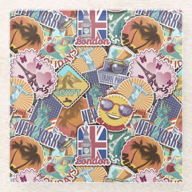 Farbiges Travel Sticker Muster Glasuntersetzer (Vorderseite)