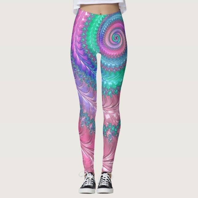 Farbiges Trippy-Funky Jewel Tone Spiral Fraktal Leggings (Vorderseite)