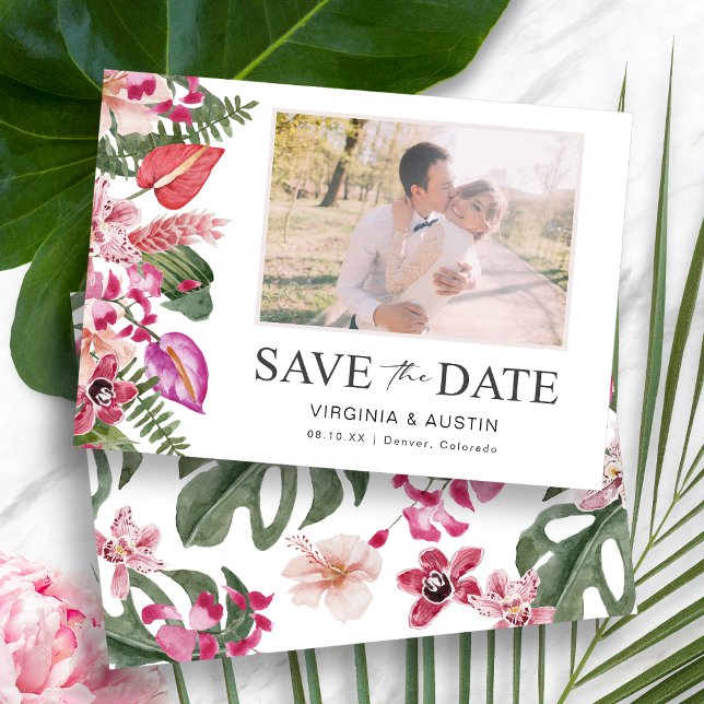 Farbiges tropisches Foto Save The Date (Colorful Tropical Watercolor Floral Photo Save The Date Card by Painted Paperie
)