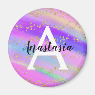 Farbiges Unicorn-Regenbogen-Gold-Glitzer Monogramm Magnet