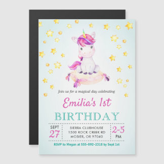 Farbiges Unicorn Themed Girl Kindergeburtstag Part Magneteinladung