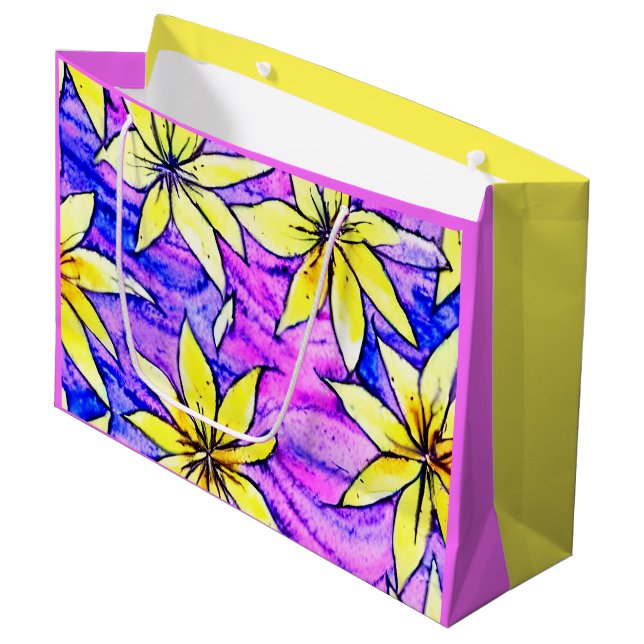 Farbiges Wasserfarbenblatt Gelb und lila Kinder Große Geschenktüte (Vorderseite Schrägansicht)