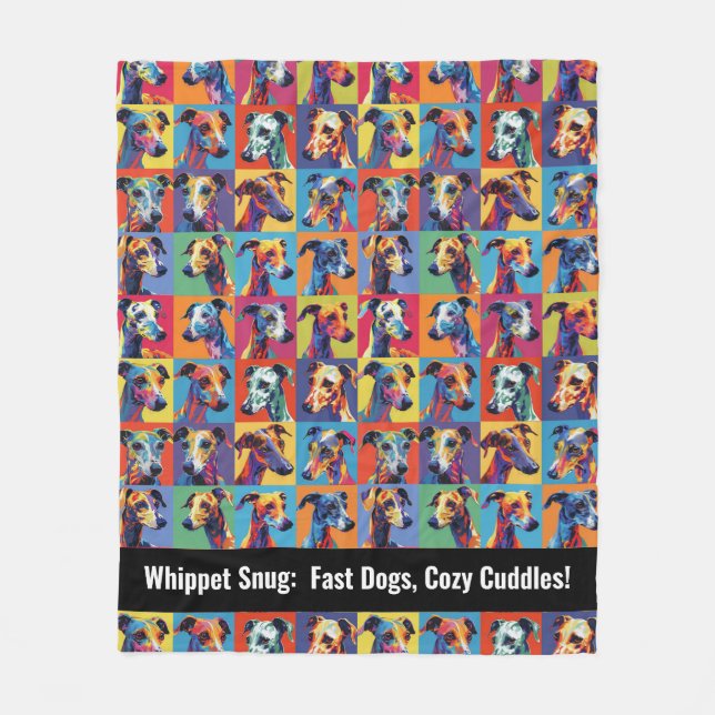 Farbiges Whippet mit benutzerdefiniertem Text Fleecedecke (Vorderseite)