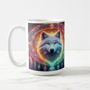 Farbiges Wolf Portrait mit Dreamcatcher Kaffeetasse