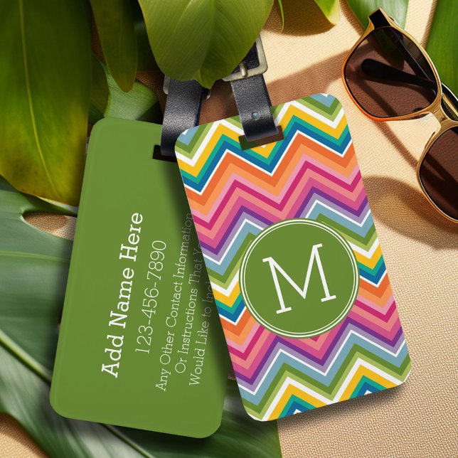 Farbiges Zickzack Muster mit Monogramm Gepäckanhänger (Personalized luggage tag - Add Your contact information and monogram)