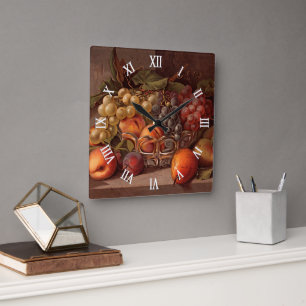 Farbintensive Herbstfrucht-Antik-Stilllebenmalerei Quadratische Wanduhr