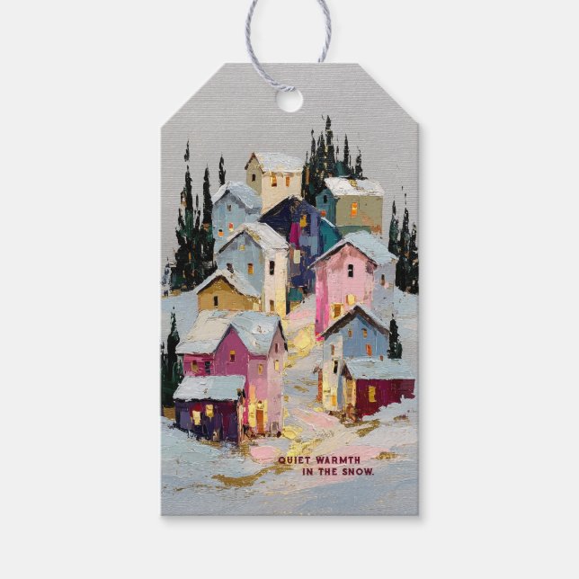 Farbintensive Winterdorf-Schnee-Impasto Geschenkanhänger (Vorderseite)