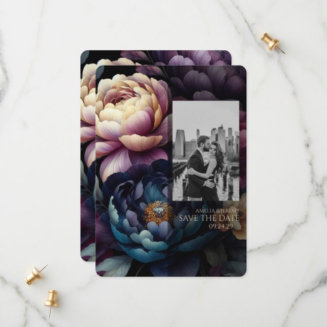 Farbintensives Blumendesign Save The Date (Vorderseite/Rückseite Beispiel)