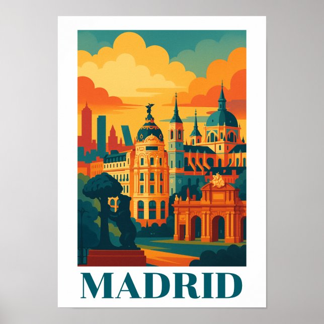 Farbintensives Madrid Spanien Vintage Reise Poster (Vorne)