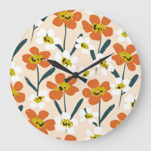 Farbintensives, vintage Blumenmuster. Große Wanduhr