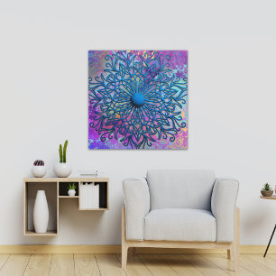 Farbkleckse auf blauer geprägter Mandala-Blume Leinwanddruck