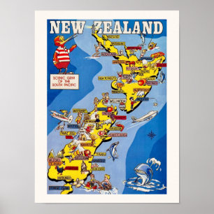 Farblich Illustriertes Neuseeland Poster