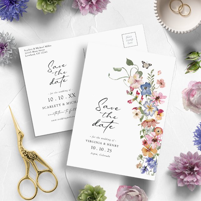 Farblich Save the Date Postkarte (Watercolor Colorful Wildflower Save The Date Postcard by Painted Paperie)