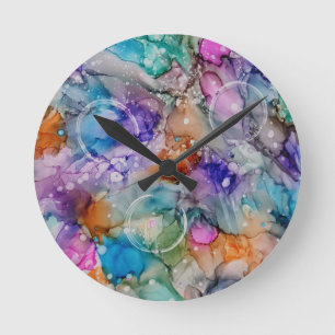 Farborange, lila, rosa, blaue abstrakte Kunst Runde Wanduhr