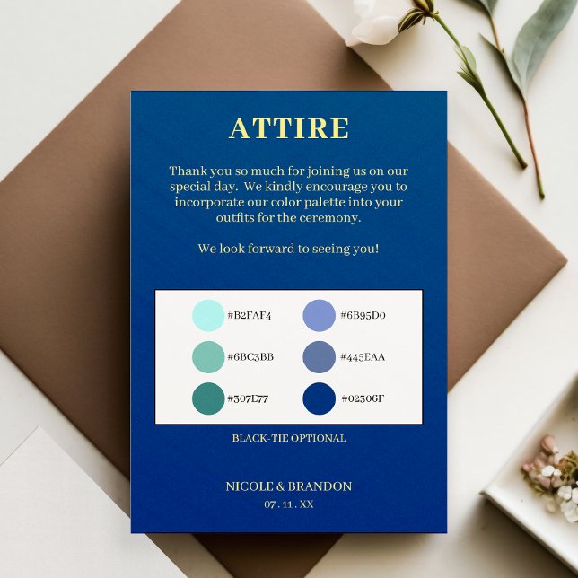 Farbpalette der blauen und gelben Hochzeitskleidun Begleitkarte (Blue & Yellow Wedding Attire Color Palette Enclosure Card)