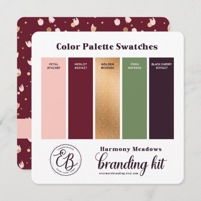 Farbpalette Swatch Card Burgund Pink & Gold Einladung (Vorne/Hinten)