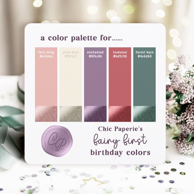 Farbpalettenkarte Faircore Rosa, Grün, Lila Einladung (Fairy First Birthday Color Palette Swatch Card. Fairy Wing Pink, Pixie Dust, Enchanted Purple...)