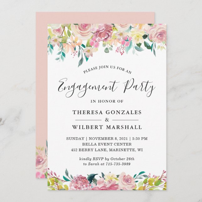 Farbpatronin Blush Floral Engagement Party Einladung (Vorne/Hinten)