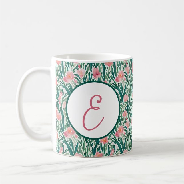 Farbpfirsich und grünes Blumenmuster Monogramm Kaffeetasse (Links)
