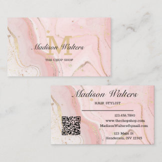 Farbpinke, goldenes Logo, QR-Code, Monogramm Visitenkarte