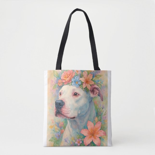 Farbporträt eines Pit Bulls mit Blumenmuster im Al (Vorderseite)