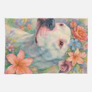 Farbporträt eines Pit Bulls mit Blumenmuster im Al Geschirrtuch