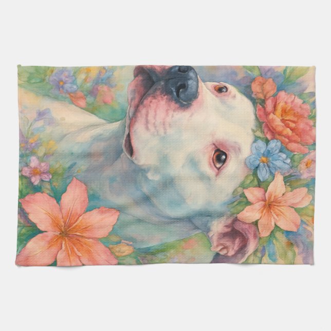 Farbporträt eines Pit Bulls mit Blumenmuster im Al Geschirrtuch (Horizontal)