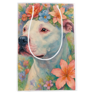 Farbporträt eines Pit Bulls mit Blumenmuster im Al Mittlere Geschenktüte