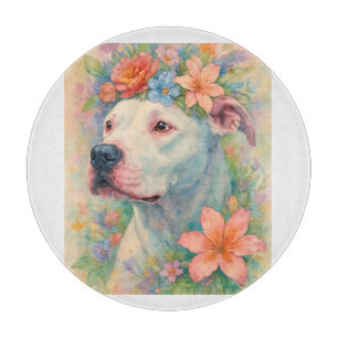 Farbporträt eines Pit Bulls mit floralem All-Over- Schneidebrett