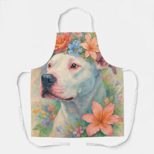 Farbporträt eines Pit Bulls mit floralem All-Over- Schürze